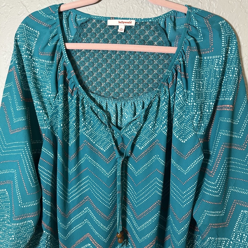 Hollywood Turquoise Patterned Women's XL Boho Top Peasant Fairy Coquette Blouse - Picture 8 of 9